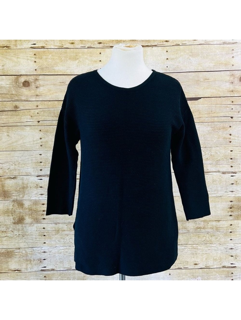 Merona Women's Black Ribbed Knit Tunic Sweater, Medium, 3/4 Sleeve